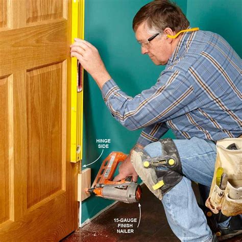 How to install a door. Recheck the door unit for plumb and square. Check for an even margin between the door slab and jamb. Check operation. Nail securely in place through the stop, jamb and shims every 12 inches using #10 finish nails. Cut and trim shims. Install door casing and secure with #10 finish nails every 12 inches. Set and fill all fastener holes. 