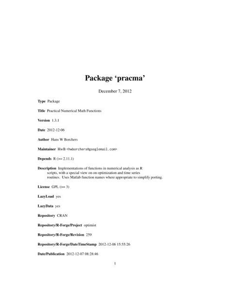How to install pracma package in r.  Package: pracma 2.  Usage p_install(package, character. ...