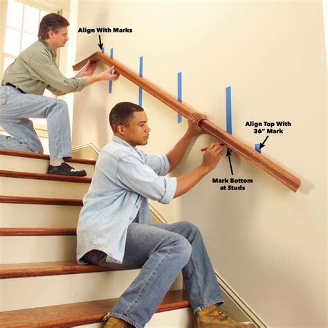 How to install stair railing. 1. Align the section of rail along the tops of the tread nosings to establish the angle. 2. Mark the angle and length on the end of the rail where it intersects the post face. 3. Mark the bottom elevation of the balustrade. This is also the bottom edge of the lower rails. 