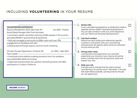 How to list volunteer work on resume. Experience. Volunteer Work -Beach Clean-up Days. Assisted in removing trash from state beaches, effectively reducing the amount of pollution and debris entering the ocean. Construction Design. Designed, built and painted 3 large snake cages, including installing sliding Plexiglas doors, lighting and heating elements and … 
