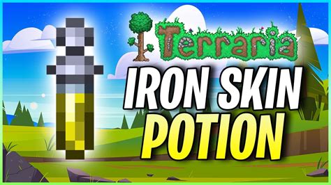 To make a Ironskin Potion in Terraria, you will need 1x Bottled Water, 1x Daybloom, 1x Iron Ore (or 1x Lead Ore). You can then combine these ingredients in a Placed Bottle or at the Alchemy Table. This potion gives temporary buff that increases defense by 8 for eight minutes.. 