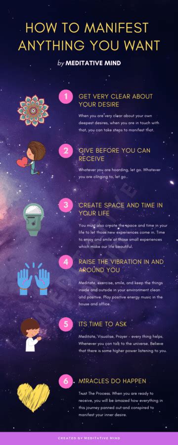 How to manifest. Here are five easy steps to guide you in learning how to manifest. 1. Set Your Goals and Adopt a Positive Mindset. The first step is to set a manifestation goal. Be sure of what you most want to achieve. It could be falling in love, getting a job, improving your health, or excelling in your favorite hobby. 
