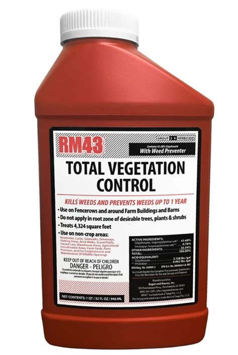 RM43 Total Vegetation Control is a combination of two herbicides — glyphosate to kill the weeds and imazapyr to prevent new growth — and a surfactant. When .... 