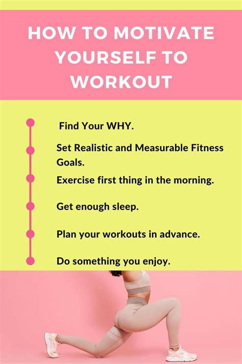 How to motivate yourself for workout. You will be more motivated to exercise—and to stick to an exercise routine—if your workouts consist of activities you enjoy. Focus on movement that gives you ... 