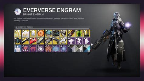 How to open eververse engrams destiny 2. For future Eververse Engrams you open I hope you get good shit. You can get some good weapon ornaments from them. The same goes for Exotic Engrams as well. You will only get one item from the pool of items. The guns will stay the same for each type of character but the armor will change. There is certain exotic armor for Titan, Hunter and Warlock. 