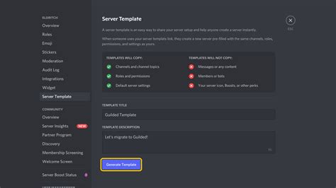  Fill in a template title and description, then hit "Generate Template." Click "Copy" to capture the template URL for use. Finally, head back to the server settings. Click on Integrations; Click the Import button on the Discord server template. Paste the Discord template link you want to use in the field and then hit Continue. . 