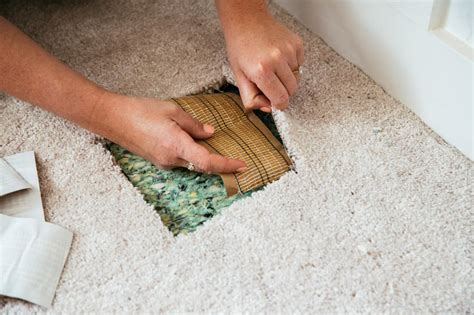 How to patch carpet. For larger patches, you will need to remove the entire affected area. The easiest way to do this neatly is to lift your carpet from the edges and using fabric scissors or a utility knife, cut out the damaged patch of carpet. Lifting the carpet helps to prevent you from cutting into your underlay or potentially damaging your subfloor. 