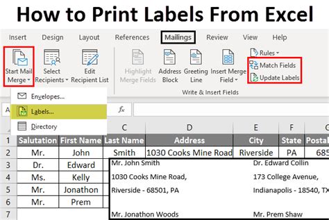 How to print mailing labels from excel. Select "Insert Merge Field" under the "Mailings" tab. Click on "First and Last Name." Hit the "Shift" and "Enter" keys on your keyboard simultaneously to move onto the next line. Click on "Address Line 1" underneath the "Insert Merge Field" drop-down menu. Repeat these tasks to create each line of your label. 