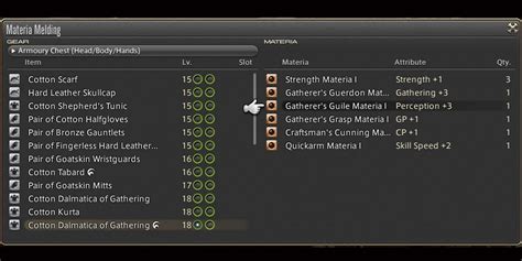 How to put materia in gear ffxiv. If your goal is farming materia (spirit bonding) then don't use the i590 gear - stick to the i560. Spirit bonding depends on the level of the armour piece relative to the level of what you are gathering. The mats that you farm are the Legendary Nodes (Rhodium sand, etc). The i590 gear actually spirit bonds more slowly on these mats than the i560. 