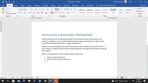 How to remove a section break in Microsoft Word documents