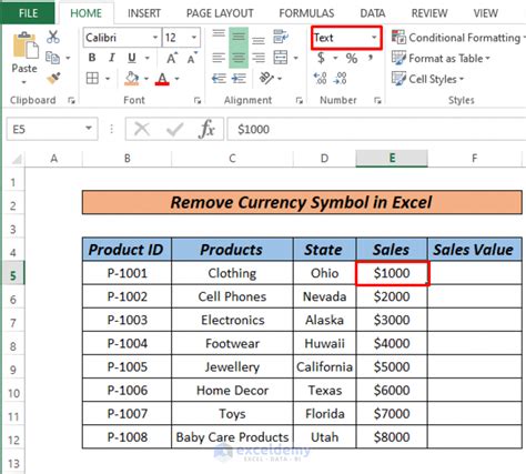 How to remove currency symbol in excel