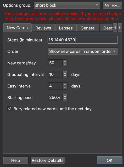 How to reset cards on anki. I explicitly do not do any extra review before an exam. Anki makes doing so pretty much pointless. However, I do optimize my setting in Anki to make sure I don't forget anything important. During a semester I create a deck for each class I'm taking, and I set ease settings lower than than the default so that I can maintain a 95% recall rate ... 