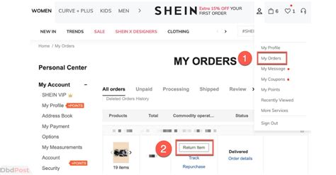 How to return shein. Return Request Process. 1. Sign into your SHEIN User Account. 2. Go to "My Orders" and find the order that contains the item (s) you would like to return and click "Order Details". 3. Then click the "Return Item" button, select the item (s) you would like to return, indicate the reason, and click "Next Step." 