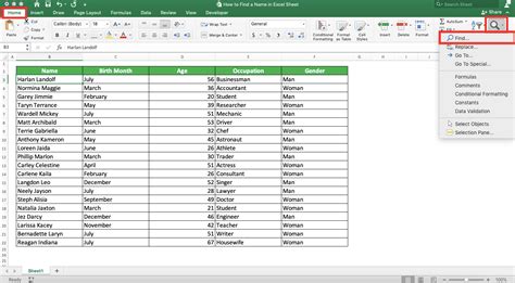 How to search for names in excel