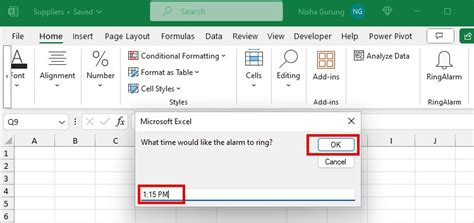 How to set alarm in excel sheet