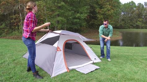 The Ozark Trail connects tent 4-person canopy tent is quick and easy to set up and accommodates one queen-sized air mattress or up to 4 sleeping bags. Taped rainfly seams keep the rain out while the front mesh panel offers ventilation. The rainfly can be rolled back for added ventilation or to stargaze on a clear night.. 