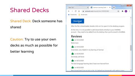 How to share anki deck. To share decks with the general public, synchronize them with AnkiWeb, then log into AnkiWeb and click on "Share" from the menu next to the deck you wish to share. If you shared a deck previously (including with previous versions of Anki), you can update it by clicking "Share" as above. 