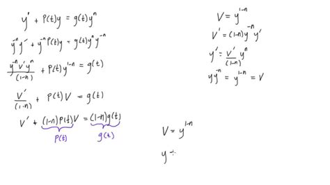How to solve a bernoulli equation. If n = 0 or n = 1, then the equation is linear and we can solve it. Otherwise, the substitution v = y1 − n transforms the Bernoulli equation into a linear equation. Note that n need not be an integer. Example 1.5.1: Bernoulli Equation. Solve. xy ′ + y(x + 1) + xy5 = 0, y(1) = 1. 
