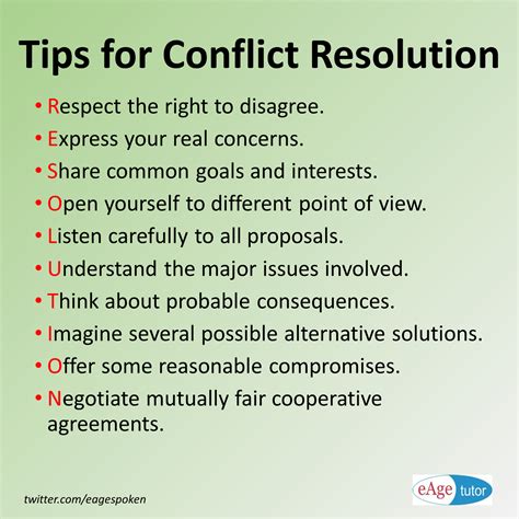 How to solve conflict. This requires that each person stop placing blame and take ownership of the problem. Make a commitment to work together and listen to each other to solve the conflict. Agree to disagree. Each person has a unique point of view and rarely agrees on every detail. Being right is not what is important. 