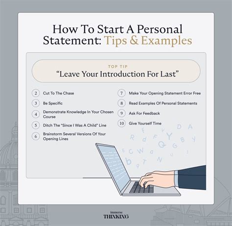 How to start a personal statement. Here are some ways to start your personal statement: Reflect on your motivations and interests: Share the experiences or moments that sparked your interest in the subject. Explain why you find the field meaningful and how your previous academic or professional experiences have contributed to your decision. 