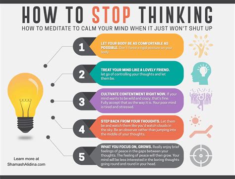 How to stop thinking about something. Mindfulness involves paying attention to the present moment without judgment, and it can help reduce stress and promote a sense of calm. Consider trying ... 