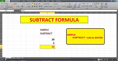 How to subtract in excel formula