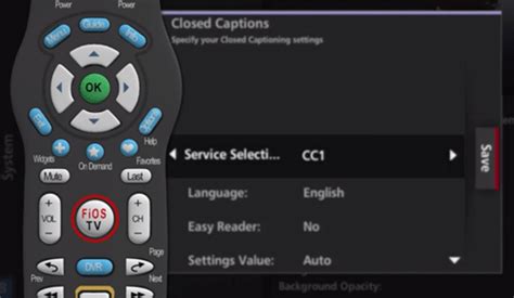 Most Fios TV remote control models let you turn Closed Captioning on or off by pressing the cc button. Otherwise, you can always use the Media Guide to turn Closed Captioning on or off. Remote Control Step-by-Step Instructions: Press the Menu button on your remote control; Select Settings; Select System; Select Accessibility; Select Closed Captions. 