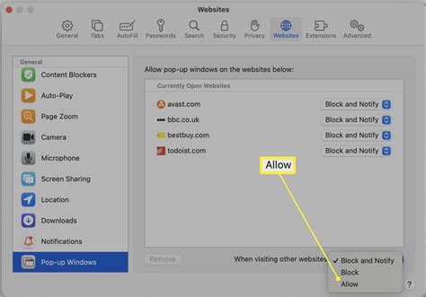 How to turn off pop up blocker on mac. Click on Pop-up windows. From the list on the right, look for the site you want. Click on Block and Notify, then choose Allow. So you are making an exception for this particular site. You would ... 