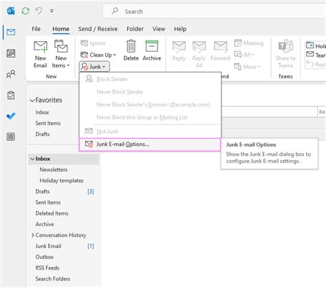 How to unblock an email address in outlook.  Select Junk E-mail Options from t...