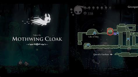 Mothwing Cloak. Cloak threaded with mothwing strands. Allows the wearer to dash forwards along the ground or through the air. Dash forward a short distance. The cooldown between dashes is 0.6 seconds. The Mothwing Cloak is an Ability in Hollow Knight. It allows dashing forward a short distance.. 