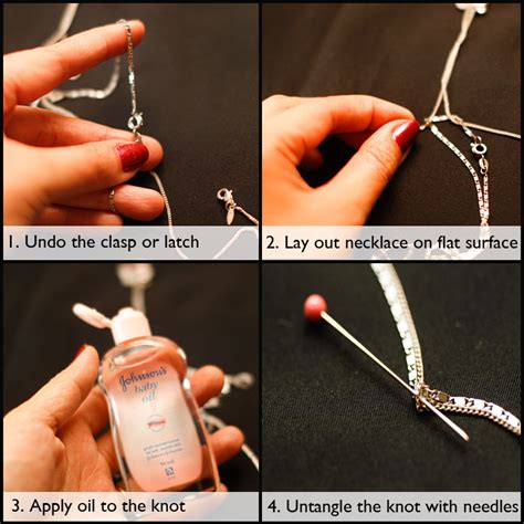 How to untangle a necklace. Step 2: Use a Safety Pin. Place the tangled mass on a hard surface that won’t get scratched up – a cutting board works great. Carefully insert the tip of the pin into the centre of a … 