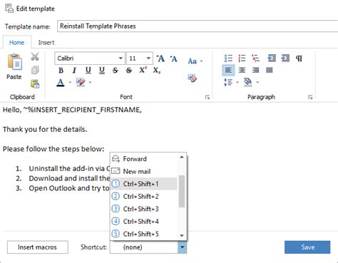 How to use Template Phrases in Outlook Help page