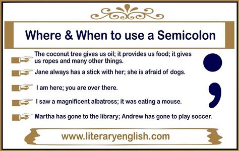 How to use a semicolon in a sentence. Semicolons (;) are a type of punctuation used to link two complete and related sentences or clauses together. They can also replace coordinating conjunctions (and, or, but, etc.); they can separate list items, especially if the items on the list contain commas; moreover, they can be used together with conjunctive adverbs or transitional … 