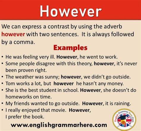 How to use however in a sentence. English Sentences Focusing on Words and Their Word Families The Word "However" in Example Sentences Page 1. 1095153 Tom couldn't bribe Mary. However, he tried. CK 1 1075504 Tom has money. However, he's not all that happy. CK 1 1327535 The concert was short. However, it was very good. CK 1 1029971 Tom always behaves himself well. 