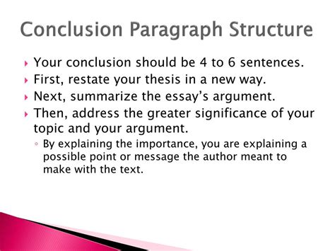 How to write a conclusion paragraph. A strong paragraph contains three distinct components: Topic sentence. The topic sentence is the main idea of the paragraph. Body. The body is composed of the supporting sentences that develop the main point. Conclusion. The conclusion is the final sentence that summarizes the main point. 