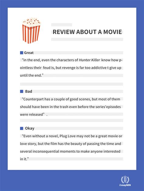 How to write a movie review. What to write in a movie review introduction? Title, release date, and important figures. Provide the title and release date, and the names of the director, screenwriter, and major actors. Context. You don’t need to trace the film’s entire history while movie review writing, but your audience will appreciate a little bit of context. Hook. 