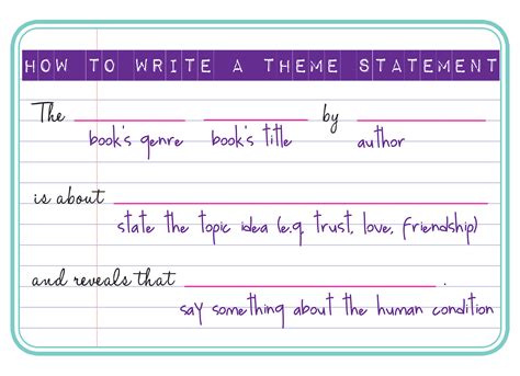 How to write a theme statement. This central idea is the glue that connects your narrative’s events and ideas. Some common themes that appear in fiction are: Coming-of-age. Good vs. evil. Family. Death. Love. Rather than force your narrative around one of these more popular themes, it’s a process to find ones that resonate for you and your story. 