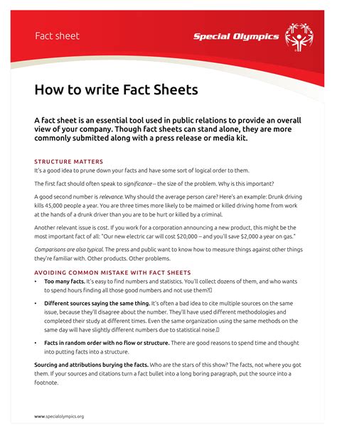 Though fact sheets can stand alone, they are more commonly used to supplement a news release or website, anchor a press kit, or replace a brochure. A fact sheet is generally one or two pages and includes the who, what, when, where, why and how about a business. Components of a fact sheet include the below. Click here for a fact sheet template ... . 