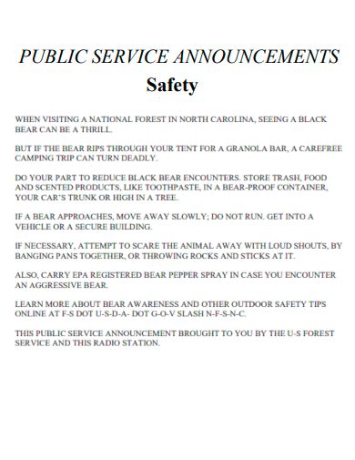 Public service announcement. A public service announcement is a message that aims to raise awareness about a particular topic. Often, these topics seek to encourage employees to volunteer for a specific cause or may inform employees of a company's thoughts on a newsworthy topic. Read more: How To Create an Effective Public Service Announcement. 
