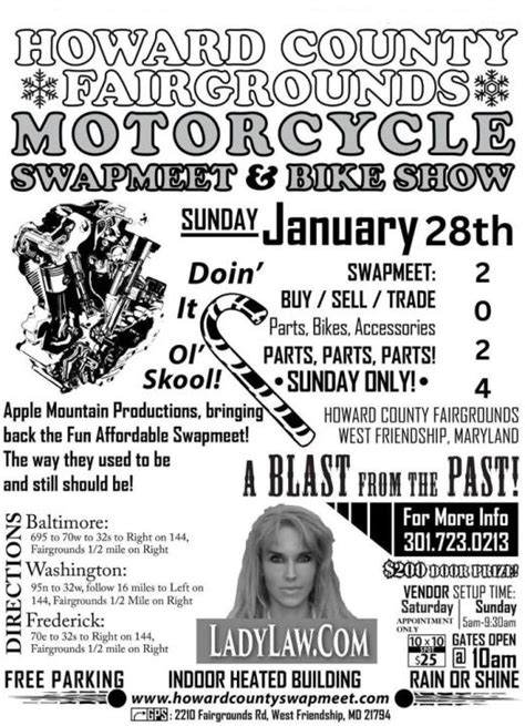 Howard county motorcycle swap meet. March 22nd – Sugarloaf Mountain Region AACA Parts and Swap Meet. March 22 @ 8:00 am - 4:00 pm. $5.00. Everything Automotive Parts and Swap Meet. Friday, March 22, 2024 – 8:00am – 4:00pm. Saturday, March 23, 2024 – 8:00am – 2:00pm. Hosted by: Sugarloaf Mountain Region of the Antique Automobile Club of America. Registration … 