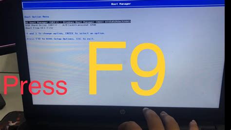 Hp boot menu key.  On most HP laptops, pressing the F9 function key repeatedly ...