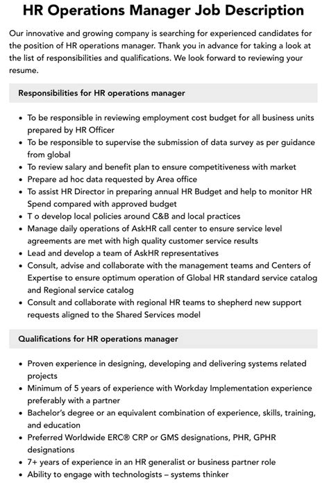 Hr Operations Manager Job Description Shr