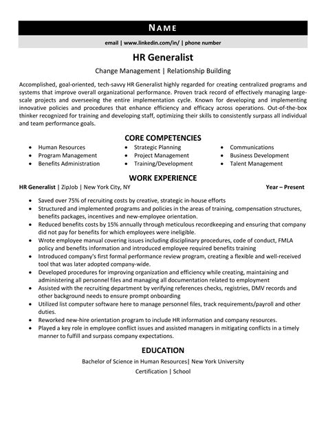 Hr generalist resume. The chronological resume format is ideal for seasoned HR managers, as it emphasizes work history, showcasing your years of experience in the field.; The combination resume format strikes a balance between skills and work history, making it a great choice for midcareer HR managers with an extensive background in various HR functions. This choice is … 