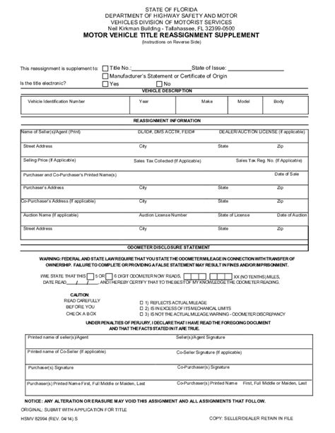 HSMV 82994 (REV. 04/14) S WHEN SHOULD THIS FORM BE USED? ORM HSMV 82994, MOTOR VEHICLE TITLE REASSIGNMENT SUPPLEMENT,F . MUST BE USED: 1. w …. 