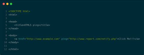 Html ping script.  When the user clicks on the hyperlink, the ping attribute will send a s...