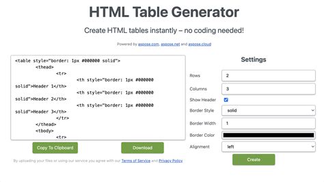 Html table generator.  HTML Table Generator Use this free online tool to create and generate HT...