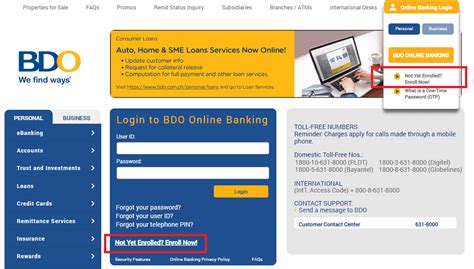 Https bdo online. Go to https://online.bdo.com.ph. Click “Enroll Now”. Fill-out the Online Enrollment Form, making sure to put a check on the Mobile Banking box, and then click “Submit”. Take note of your ATM Activation Code in the acknowledgment page as you will use this to activate your Internet Banking account. Go to any BDO ATM, press “Other ... 