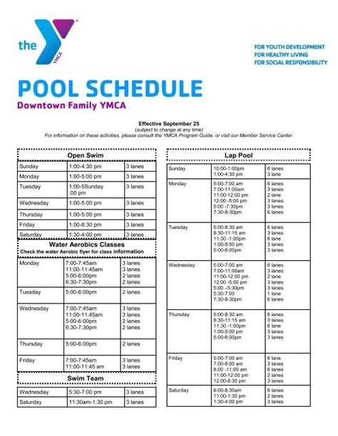 Huber heights ymca pool schedule. The Eau Claire Downtown YMCA Large Pool is a 25 yard chlorine pool with a temperature of 83.5-84 degrees. The pool is a handicap accessible with a power lift chair and has a diving board. The depth ranges from 3 feet 6 inches to 12 feet deep. The Small Pool at the Eau Claire Downtown YMCA is shallow pool ranging from 2 to 3 feet deep. 