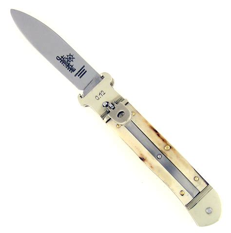 BACK IN STOCK . 11cm drop point blade on this rare NRA Limited Edition Shellpuller Leverlock. Stag handle, nickel silver bolsters and liners, brass pins with 12 gauge puller on one side and 16 gauge on the other. The National Rifle Association logo and FIGHT FOR THE SECOND AMENDMENT is etched on one side of the blade.. 