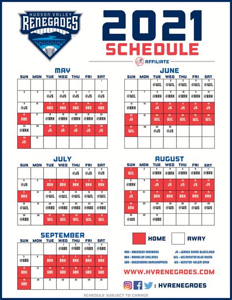 Hudson valley renegades schedule. 2021. Hudson Valley Renegades. Classification: Adv A. League: High-A East (- North Division) Record: 71-49. Affiliation: New York Yankees (AL) More team info, park factors, postseason, & more. Become a Stathead & surf this site ad-free. Team Batting. 